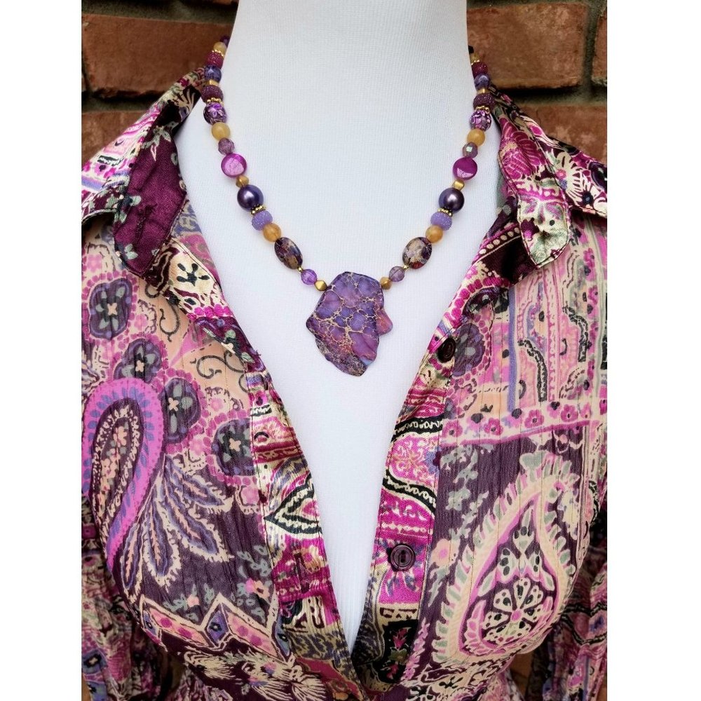 Artisan Necklace Earrings and Bracelet Set Purple Gold Magenta Stone Beads - Picture 2 of 15